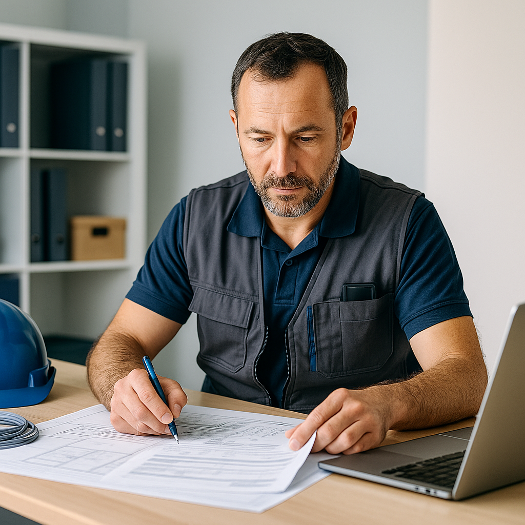 Trade operator reviewing EOFY plans at a modern desk